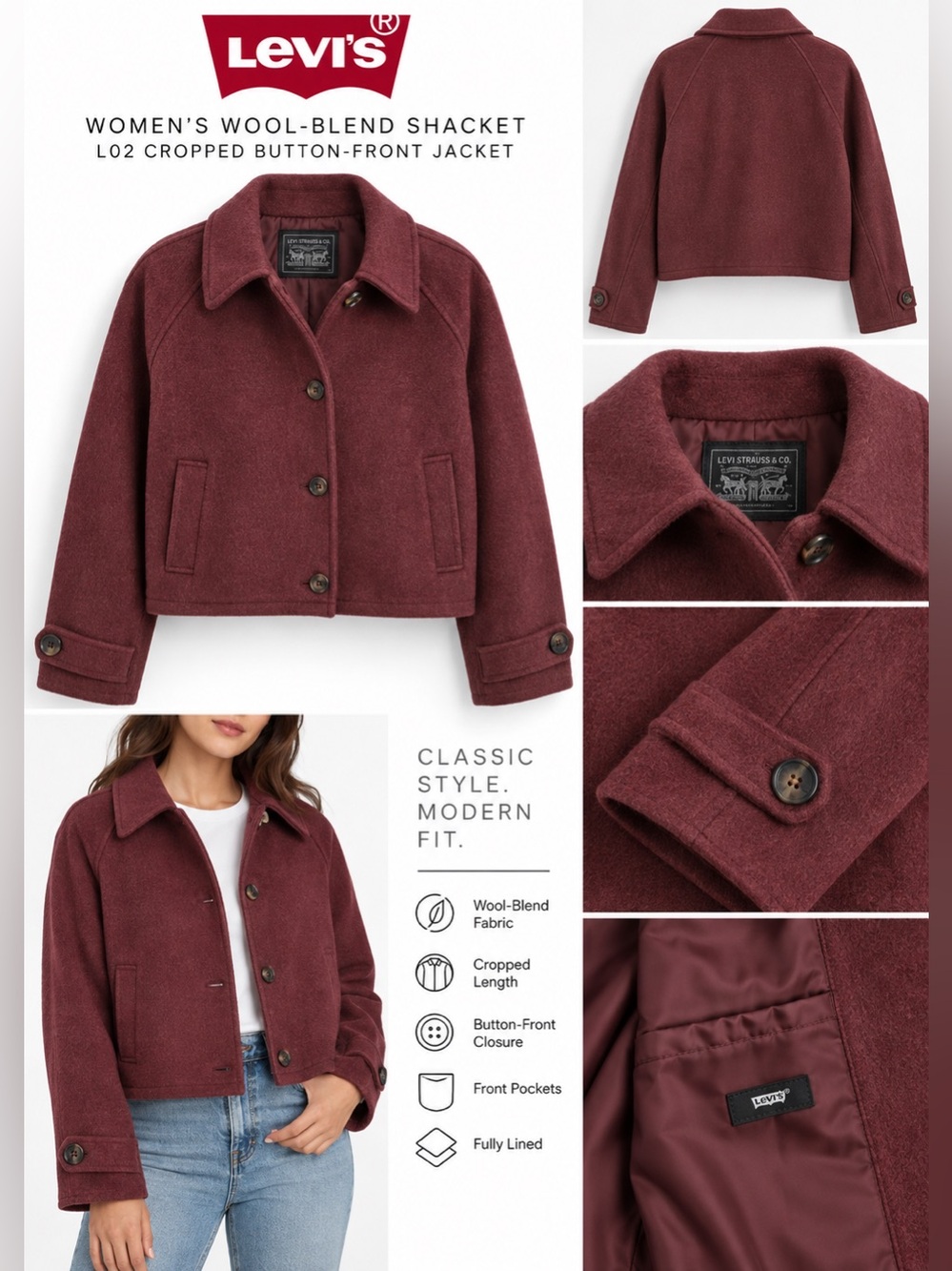 Levi’s Wool Blend Shacket Jacket Burgundy Wine $150
